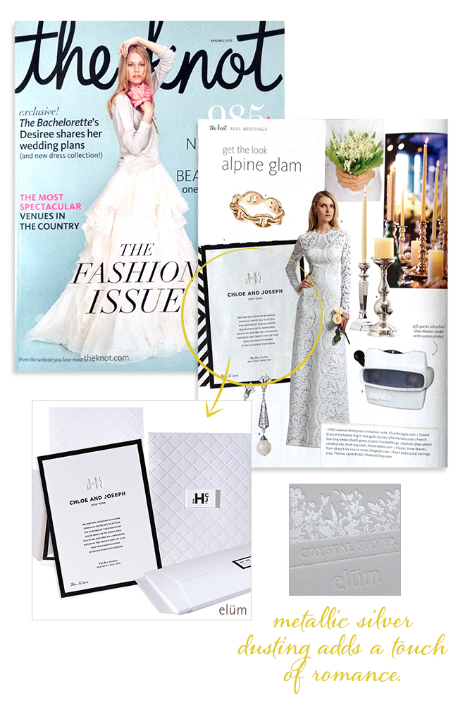 Elum Designs, Fifth Avenue letterpress invitation featured in The Knot, Fashion Issue - Spring 2015.